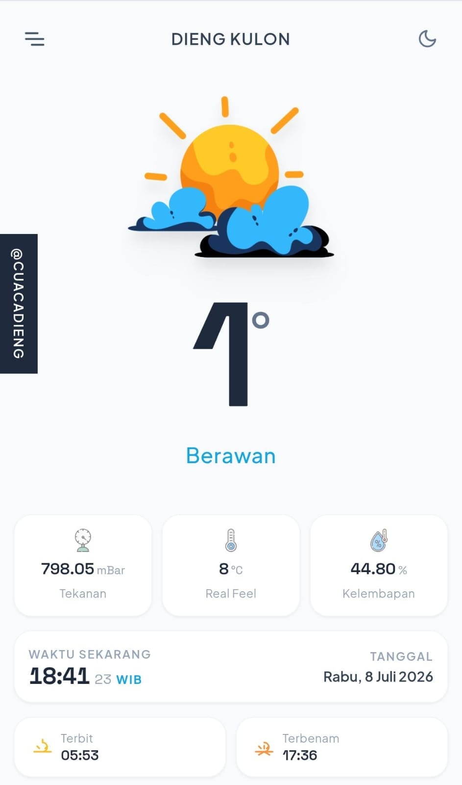 Suhu Udara di Dieng Catat Angka 1°C Seusai Matahari Terbenam
